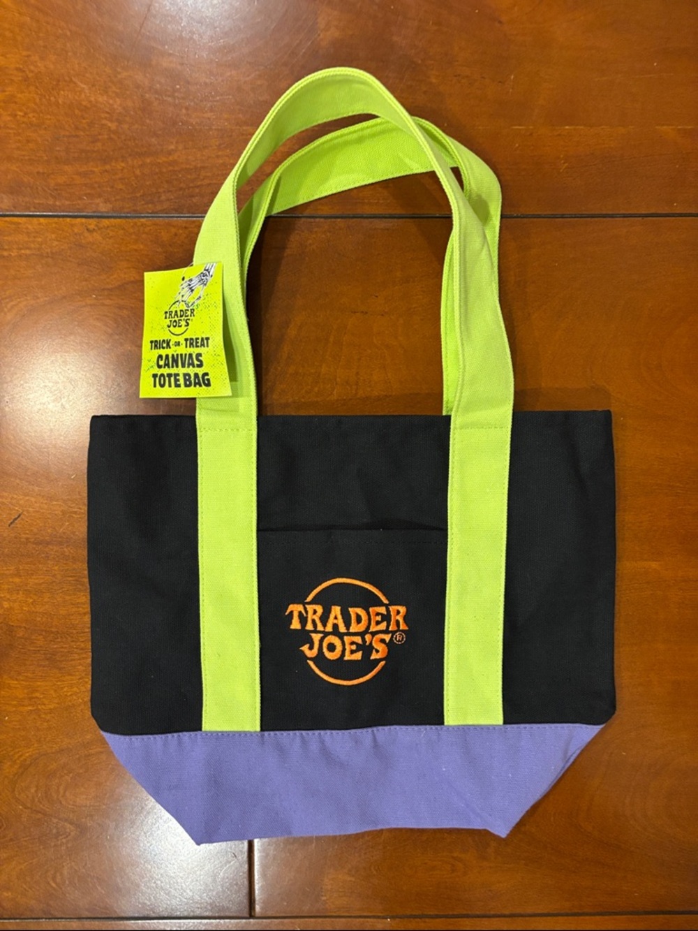 Trader Joe's Black Canvas Tote Bag with Lime Handles and Purple Base